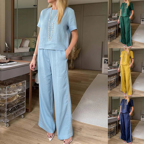 Crew neck pullover new trousers cotton and linen multi-color women's suit m302722