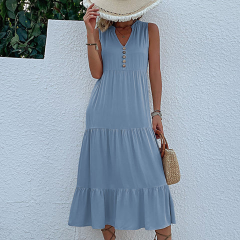 Robe d'été populaire à jupe plissée sans manches, ample, col en V, moyenne et longue, m300851 