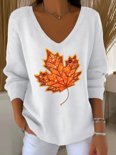 Shoulder V-neck long-sleeved autumn leaf 3D digital printing women's top FF303401 01