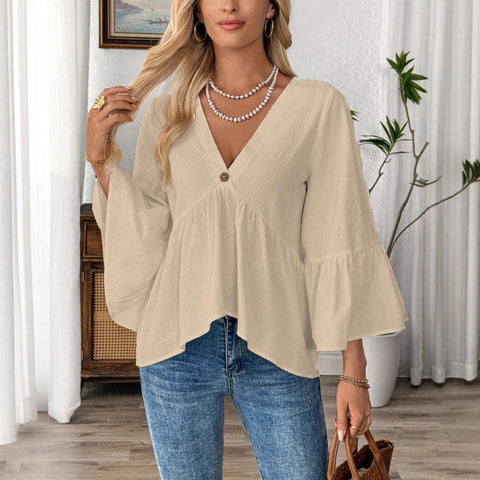 Solid color V-neck lotus leaf sleeve cotton top m302735