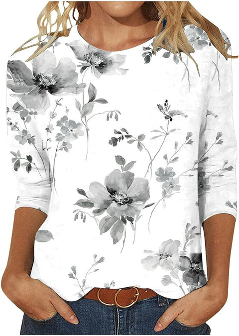Pull ras du cou à manches sept-quarts et imprimé 3D de fleurs et de plantes m300615 