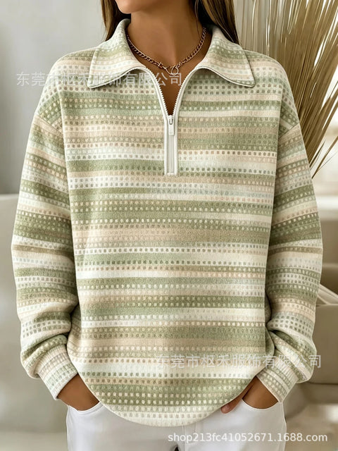 Lapel Striped Pen Print Women's Half Zip Sweater FF303305