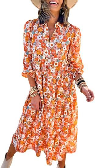 Robe ample à manches longues et col en V pour femme, style bohème, florale, élégante, en forme de A, m300573 