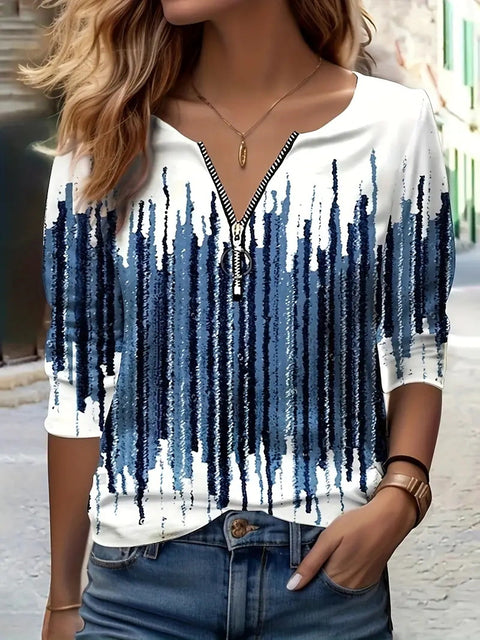 Women's Autumn Loose Design Ethnic Crew Neck Printed Zipper Long Sleeve POLO Shirt m301774