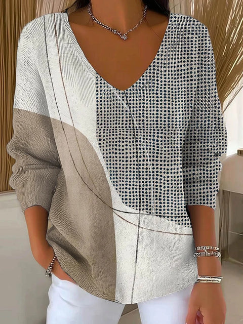 Shoulder V-Neck Long Sleeve Pullover 3D Digital Printing Women's Top T-Shirt m302616