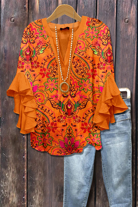 Kreativer Digitaldruck mit Blumenelementdruck, lässiger Trend, V-Ausschnitt, Lotuskante, T-Shirt m301352 