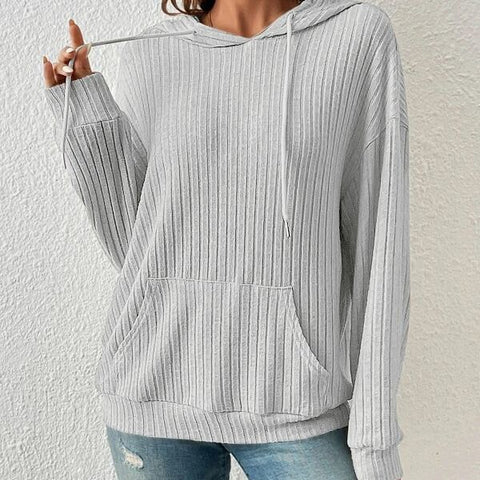 Damen-Strickpullover mit Kapuze, Pit-Streifen und Kängurutasche, m300525 
