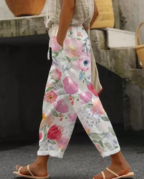 Damenhose mit Taschen und lässigem Druck, elastische Taille, gerade geschnittene Hose m301372 