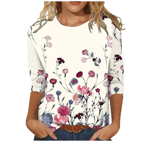 T-shirt ample à col rond et manches 3/4 pour femme, imprimé M300227 