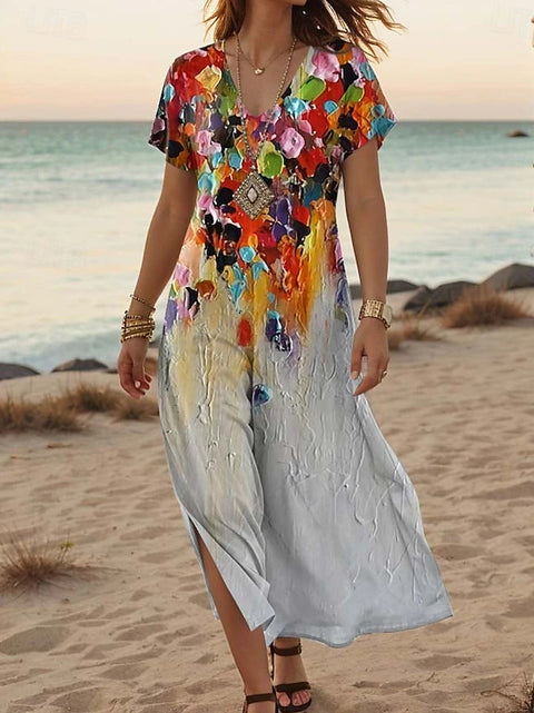 Robe d'été à manches courtes et col en V pour femme, motif floral créatif, nouvelle collection m301230 