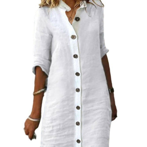 Robe en coton et lin à col chemise et manches mi-longues, grande boucle ronde M300218
