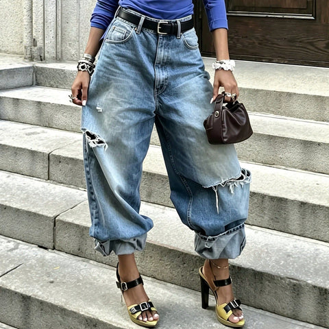 Jeans Fashion Washed Ripped Wide Leg Pants FF303448