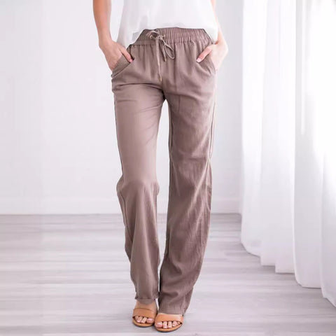 Solid color cotton and linen loose drawstring casual wide-leg trousers women's m301572