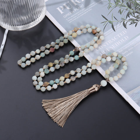 Collier de 108 perles en pierre naturelle Mara, chaîne de pull nouée à la main avec franges m3331281 