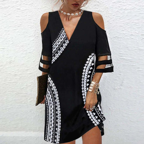 Robe à manches mi-longues et col en V avec coutures en maille fleurie M300180 
