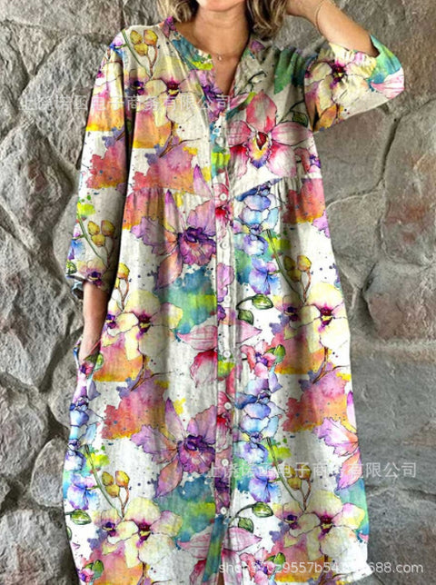 Robe chemise ample à col ras du cou et manches longues pour femme, imprimée, de qualité supérieure, m301050