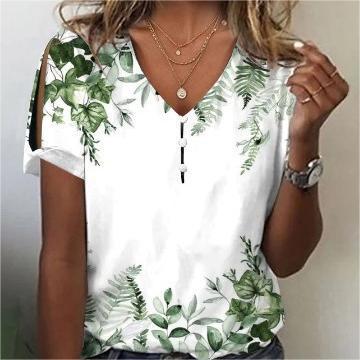 3D printed V-neck button-up T-shirt top daily short-sleeved m301263