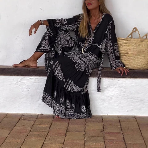 Ethnic print bohemian spring and autumn vacation dress m302012