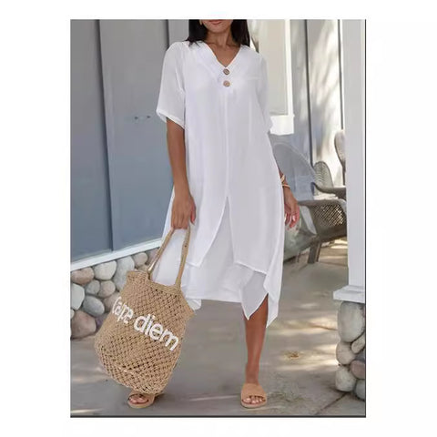 Robe littéraire en coton tissé et lin double épaisseur fendue à col en V m301247 
