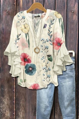 T-shirt à col en V et bordure lotus, imprimé floral créatif, impression numérique, tendance décontractée, m301352 