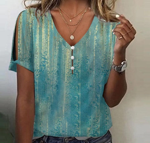 3D printed V-neck button-up T-shirt top daily short-sleeved m301263