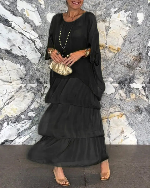 Fashion women's temperament round neck bat sleeve long dress m301334