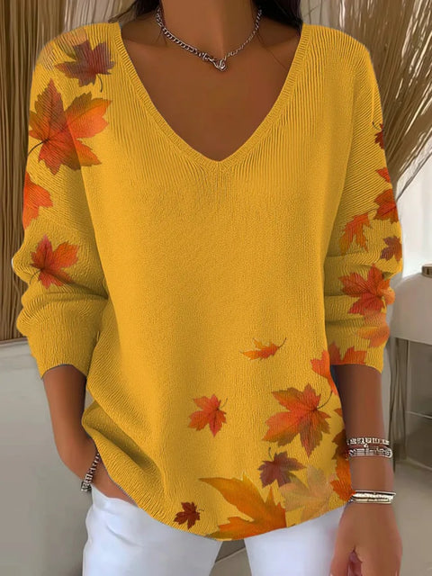 Shoulder V-neck long-sleeved autumn leaf 3D digital printing women's top FF303401 01