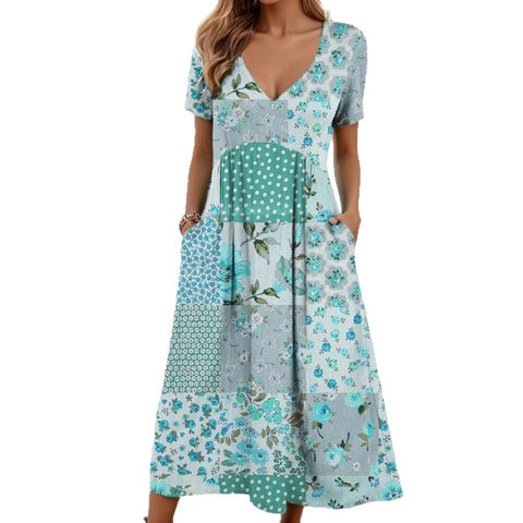 Robe longue décontractée à col en V et manches courtes avec poche et impression numérique pour femme M301426 