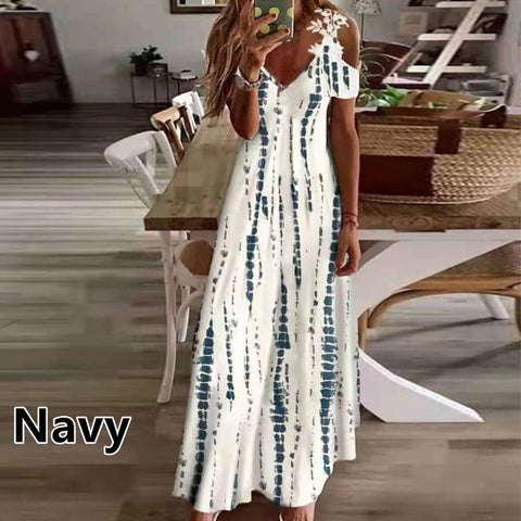 Robe ample imprimée à col en V et bretelles en dentelle pour l'été m301218 