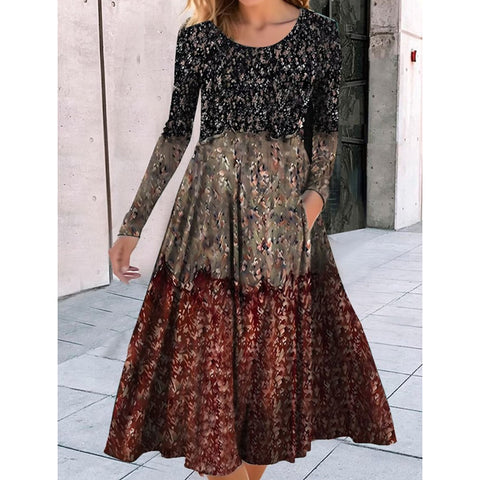Robe ample à col ras du cou et manches longues, imprimé géométrique, style pendule, m300700 