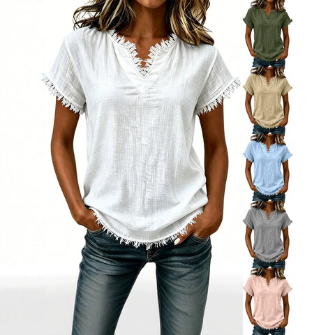 Spring and summer retro casual V-neck fringed short-sleeved top FF303161