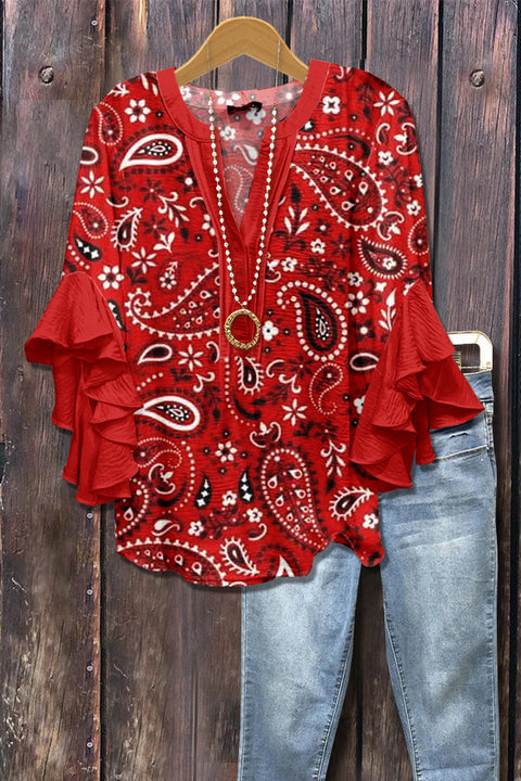 Digital printing casual trend V-neck lotus edge T-shirt women's m302725-2