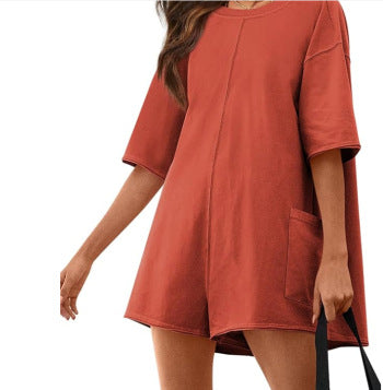 Damen Kurzarm Rückenfrei V-Ausschnitt Locker Lässig Taschen Jumpsuit M300225 