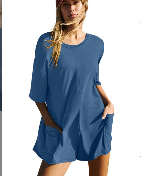 Damen Kurzarm Rückenfrei V-Ausschnitt Locker Lässig Taschen Jumpsuit M300225 
