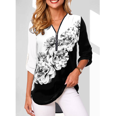 Chemise ample à manches longues et col en V pour femme, grande taille, fermeture éclair, manches retroussables, M300207 