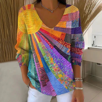 Shoulder V-Neck Long Sleeve Pullover 3D Digital Printing Women's Top T-Shirt m302616