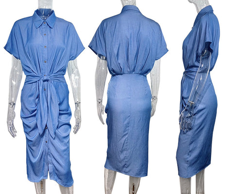 Robe en jean slim à col chemise et plis fendus M300315 