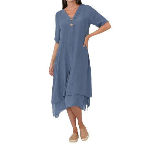 Robe littéraire en coton tissé et lin double épaisseur fendue à col en V m301247 