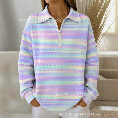 Lapel Striped Pen Print Women's Half Zip Sweater FF303305