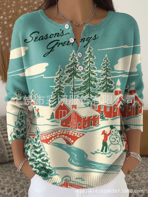 New Christmas sweater casual print cute button-up women's top FF303407