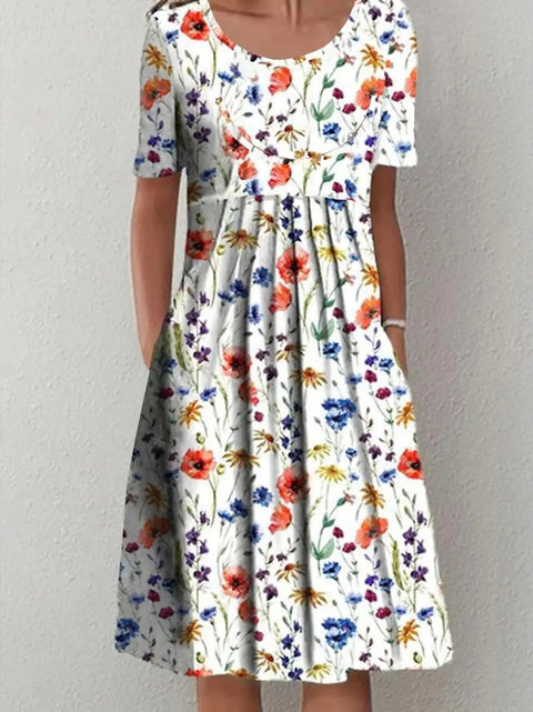 Robe mi-longue à imprimé floral, col rond, poches, printemps/été, pour femme, m300037 