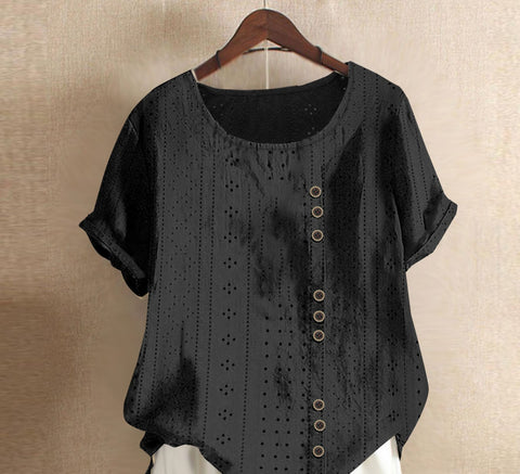 Haut d'été ample à manches courtes et col rond pour femme, couleur unie, avec boutons, style Palace Lock, m300046