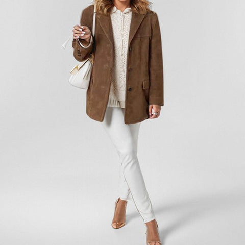 Blazer long ample marron rétro pour femme avec poches, manches longues, m301193