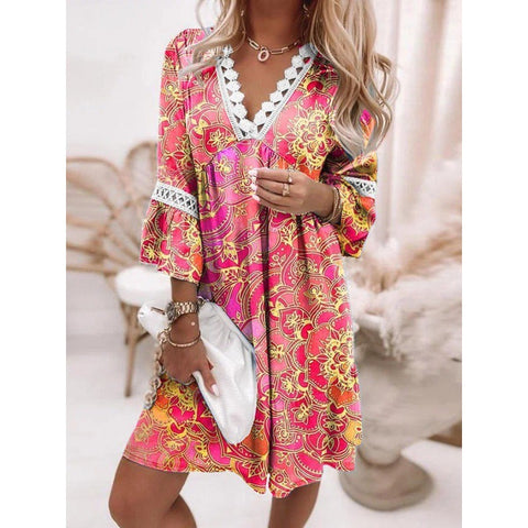 Robe bohème décontractée à col en V et coutures en dentelle imprimées, style vacances M300213 