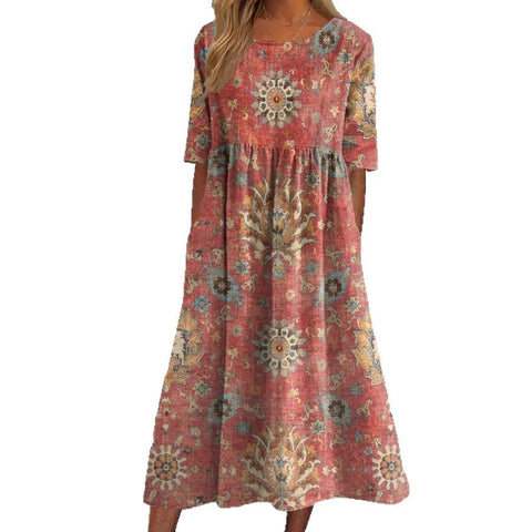 Robe d'été imprimée à col ras du cou et taille mi-haute m301250 