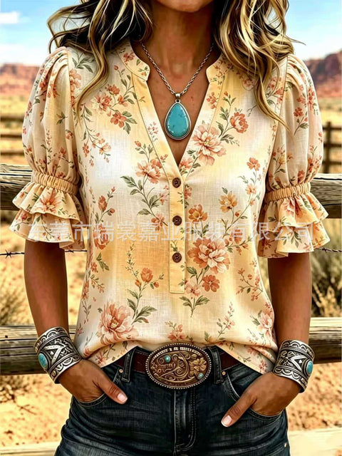 V-neck three-button top digital print horn-sleeved shirt FF303333
