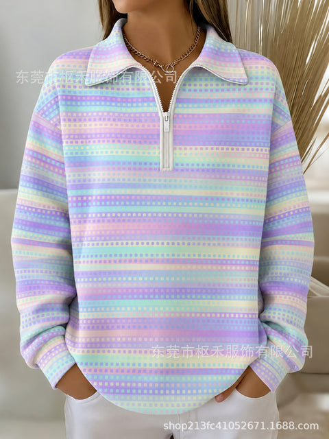 Lapel Striped Pen Print Women's Half Zip Sweater FF303305