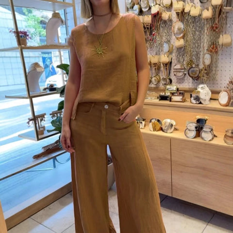 Women's cotton and linen solid color sleeveless trousers 2-piece set m302325