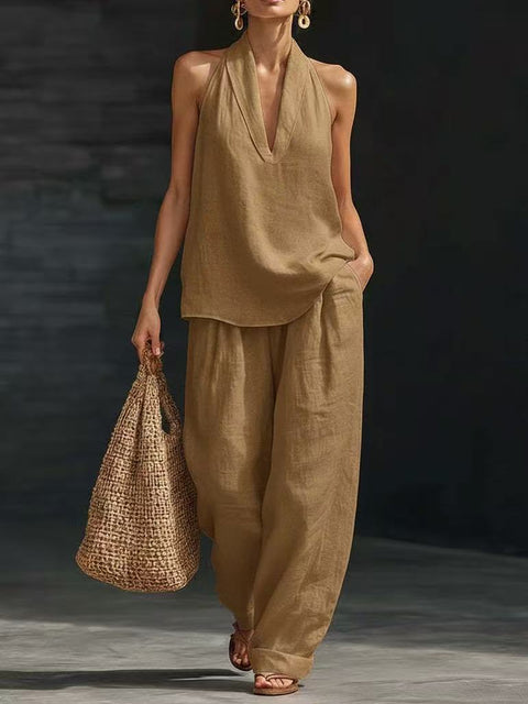 Sleeveless loose shoulder suit women's summer casual wide-leg pants two-piece set m302658