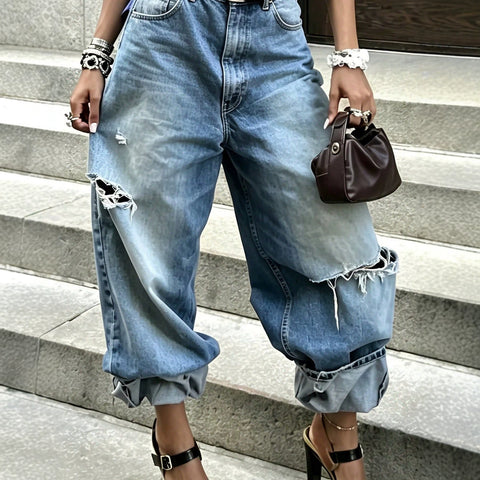 Jeans Fashion Washed Ripped Wide Leg Pants FF303448